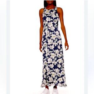 Banana Republic Navy Floral Fit-and-Flare Maxi Dress Sleeveless Back‎ Zip Sz 4